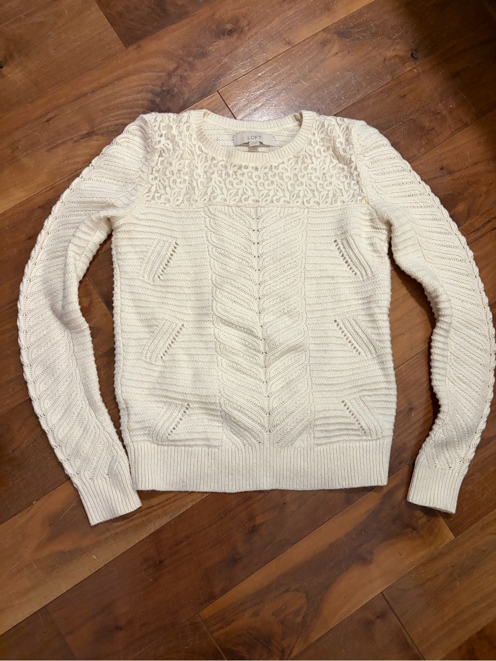 LOFT Cream Cable & Lace Detail Crewneck Sweater
